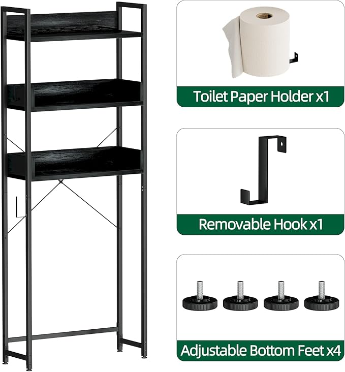 OTK Over-The-Toilet Storage, 3 Tier Bathroom Organizer Shelf, Freestanding Space Saver with Toilet Paper Holder, Multifunctional Over The Toilet Rack, Black