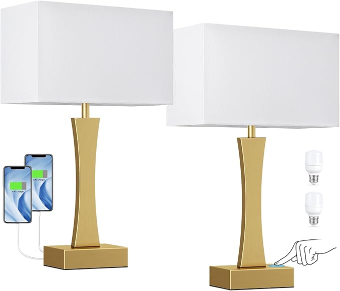 Bedside Lamps for Night Stands - 3 Way Dimmable Table Lamp for Bedroom with USB C+A Ports,Modern Bedside Lamps Set of 2, Touch Lamps for Nightstands(Gold)