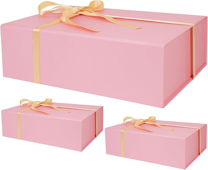 RayofSun Pink Gift Box,13.8" x 9" x 4.3" Large Groomsmen Proposal Box with Magnetic Closure Lid and Ribbon for Anniversary Wedding Birthday Graduation Festivals (3 Pack)