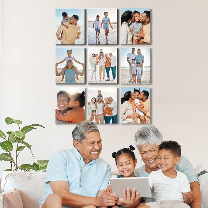 Renditions Gallery Set of 9, 11X14 Custom Photo Prints with Real Wood Picture Frames. Create Personalized Photos with Peel & Stick Photo Frames. Wrapped Canvas