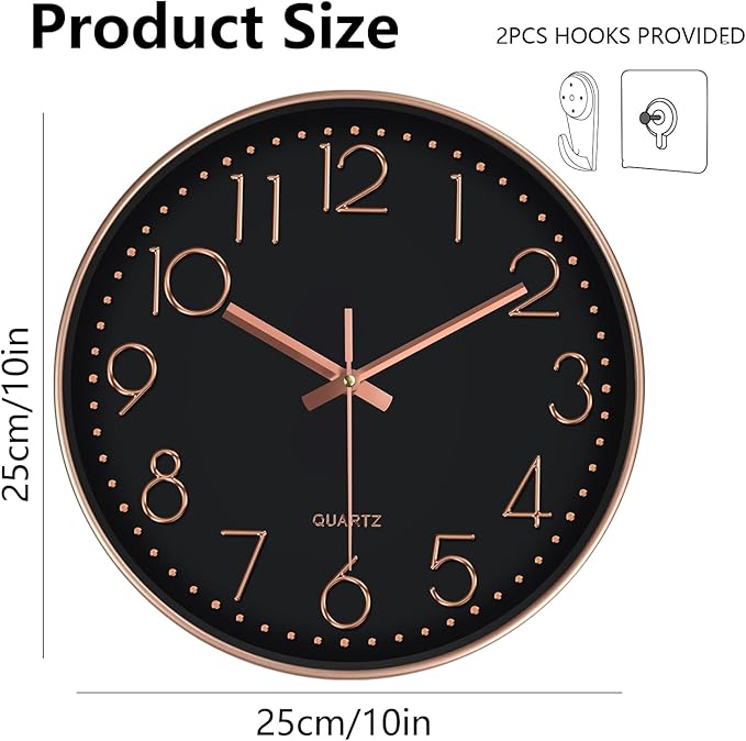 Wall Clock, Silent Wall Clocks Battery Operated 10 Inch- Modern Non Ticking Analog Clock with Large Numerals Tempered Glass Clocks for Bedroom, Living Room, Kitchen, Office Decor, Black