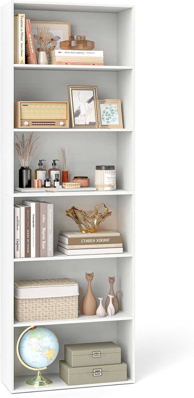 Tangkula 6-Tier Bookcase, 70” Tall Freestanding Bookshelf with 6 Open Shelves, Anti-Toppling Kits, Floor Display Storage Organizer for Living Room, Study, Kitchen, Home & Office (White, 70" H)