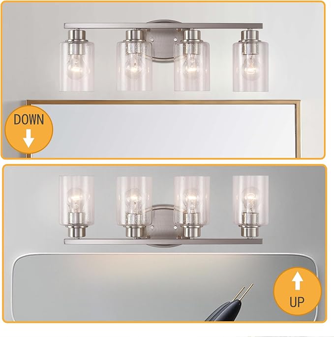 Bathroom Vanity Light Fixtures Over Mirror, Seeded Glass Bathroom Vanity Light, 4 Light Brushed Nickel Bathroom Light Fixtures with Clear Glass, Modern Rustproof Vanity Light Wall Mount
