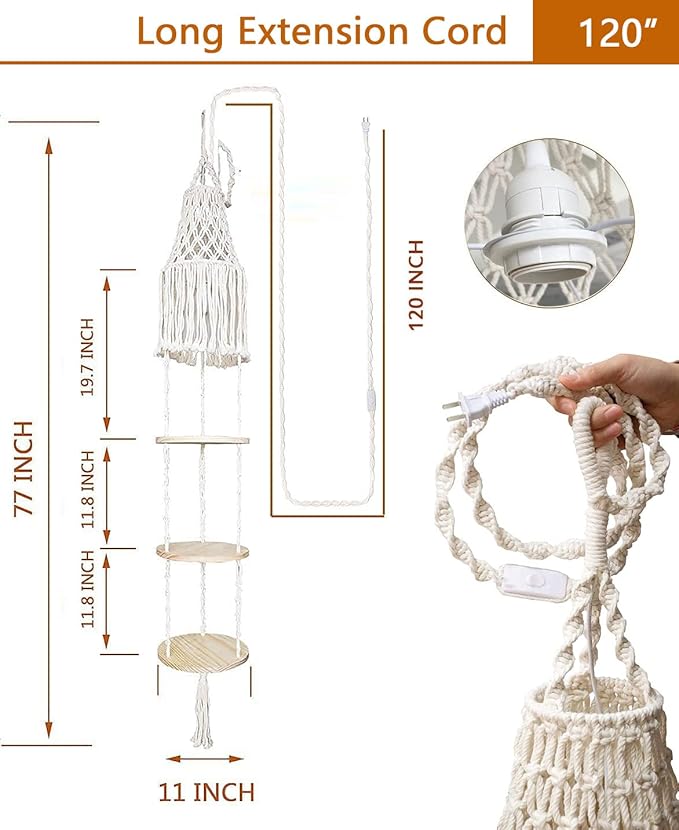 Macrame Plant Hanger Shelf Hanging Rope Shelf Indoor with Boho Lamp Shade 3 Tier Floating Round Shelves Decorative Shelf Flower Pot Holder Planter Display Rack Boho Home Decor-1 Set