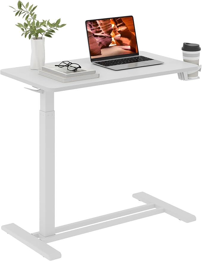 Medical Overbed Adjustable Bedside Table with Hidden Casters, Pneumatic Mobile Rolling Laptop Standing Desk with Tray for Home and Hospital Use, White Table Top + White Edging