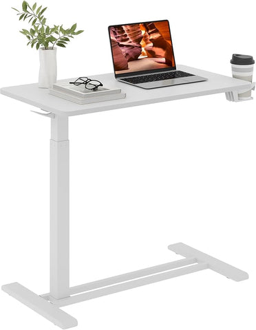 Medical Overbed Adjustable Bedside Table with Hidden Casters, Pneumatic Mobile Rolling Laptop Standing Desk with Tray for Home and Hospital Use, White Table Top + White Edging