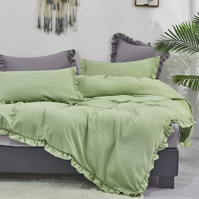 CLOTHKNOW Green Ruffles Queen Comforter Set Farmhouse Bedding Comforter Sets Soft Light Green Comforter with 2 x Pillow Cases