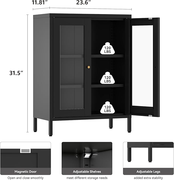 Metal Bathroom Cabinet with Glass Doors,Bathroom Floor Storage Cabinet with 2 Adjustable Shelves & 2 Doors, Sideboard for Small Spaces, Living Room, Dining Room, Home Office