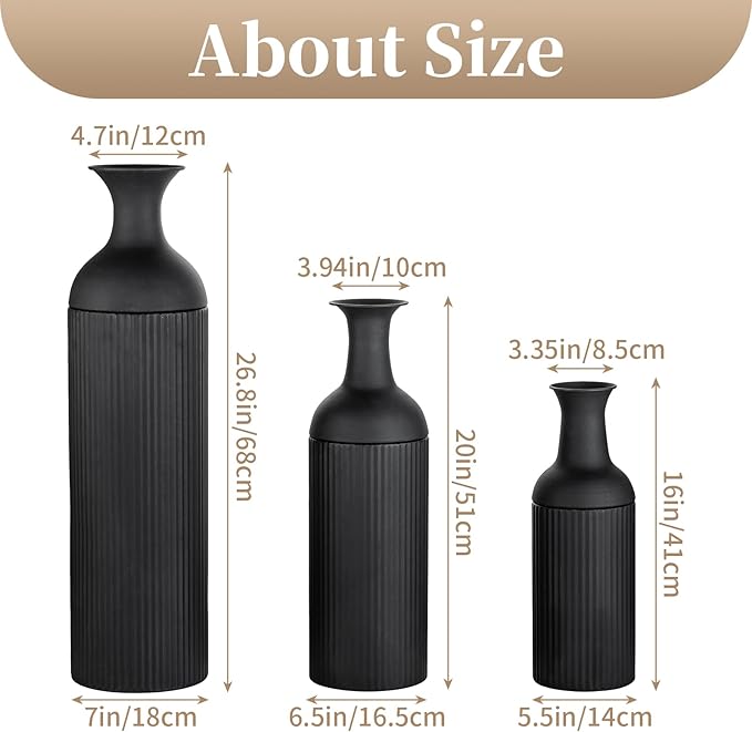 Sziqiqi Black Tall Ribbed Modern Metal Vase Trio - Large 27" Tall x 20" Wide x 16" Deep for Living Room, Bedroom, Kitchen, Corridor