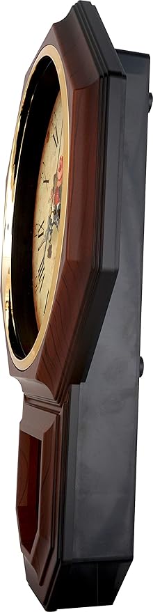 JUSTIME Traditional Schoolhouse Classic Vintage Rose Regulator Wall Clock, Chiming Wall Clocks with Pendulum & Westminster Chime Hourly, Schoolhouse Wall Decor Battery Operated (Dark Wood Grain)
