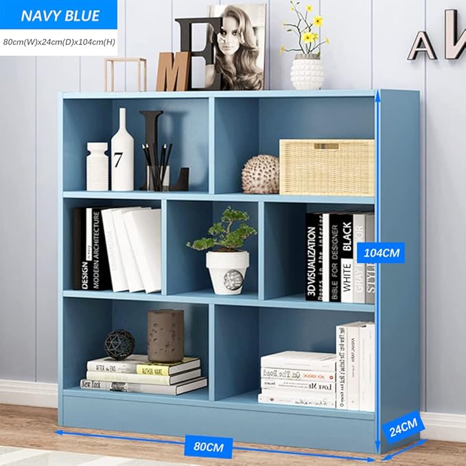 IOTXY Open Shelf Low Bookcase - Wooden 3-Tier Floor Standing Display Cabinet Organizer with Base, 7 Cubes Short Horizontal Bookshelf in Bright Blue