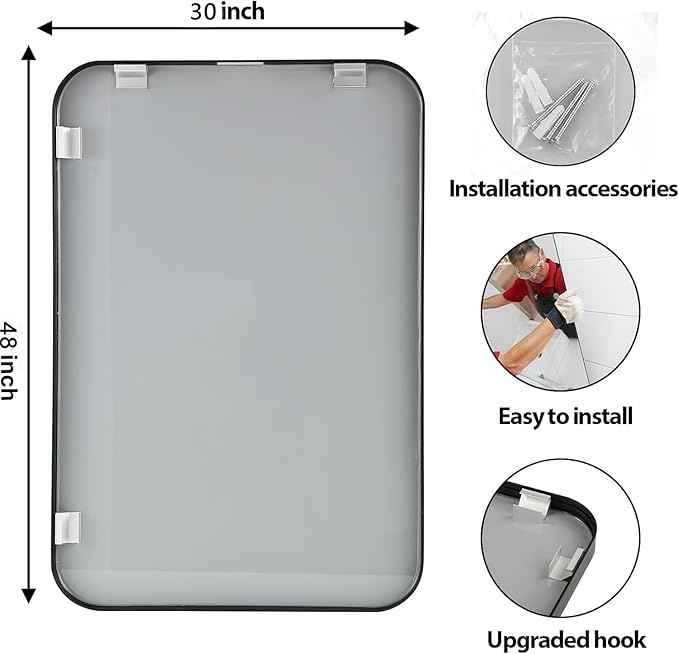 48x30 Inch Black Wall Mirror for Bathroom, Brushed Metal Framed Mirror with Rounded Corner, Rectangle Bathroom Vanity Mirror for Bedroom or Living Room, Horizontal/Vertical