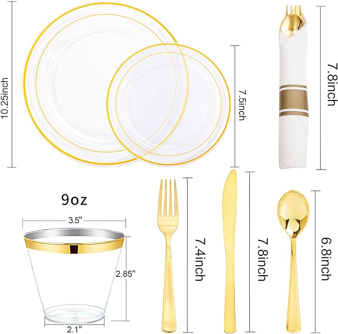 WELLIFE 350PCS Clear-Gold Plastic Plates - 100 Disposable Plates, 150Plastic Silverware, 50 Cups, 50 Napkins for Wedding & Party