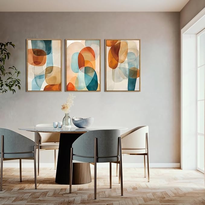 Large Abstract Color Block Framed Canvas Wall Art,Boho Orange and Blue Ovals Wall Decor,Modern Colorful Shape Artwork,Watercolor Geometric Art Print for Living Room,Bedroom,Office- 24"x36"x3