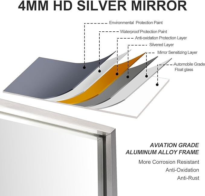 24x32 Inch Silver Bathroom Mirror - Copper-Free Mirror, Aluminum Alloy Frame Vanity Rectangle Wall Mounted Modern Mirror for Bedroom/Living Room/Porch Horizontal or Vertical