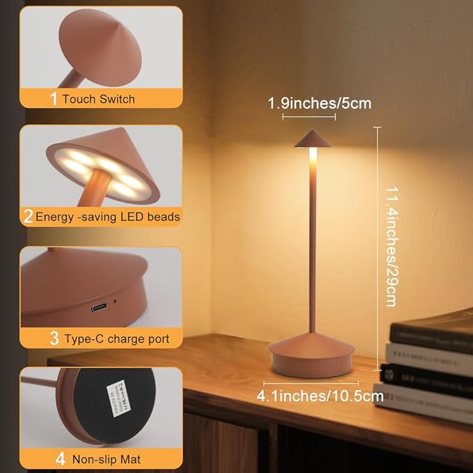 LED Cordless Table Lamps Set of 2, Portable Rechargeable 6000mAh Outdoor Camping Table Lamp,3 Color Stepless Dimming Battery Powered Lamp, Table Light for Dinner/Patio/Restaurant/Bedroom (Brown)