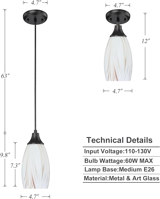 Mini Glass Pendant Light Kitchen Island Oval Ceiling Hanging lamp Shade with Black Matte finish1pack Milk Blown Glas Pendant Lighting Adjustable Cord for Hallway Dining Room Bathroom