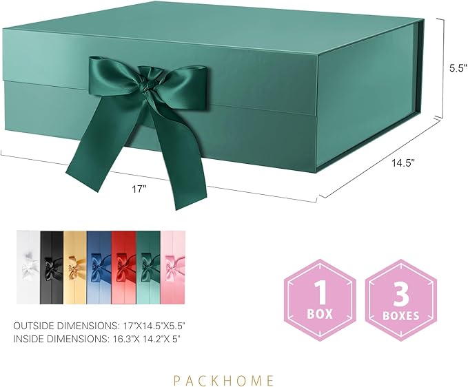 PACKHOME 17x14.5x5.5 Inches, 3 Extra Large Gift Boxes with Lids, Magnetic Closure Boxes with Ribbon for Clothes and Large Gifts (Glossy Green)