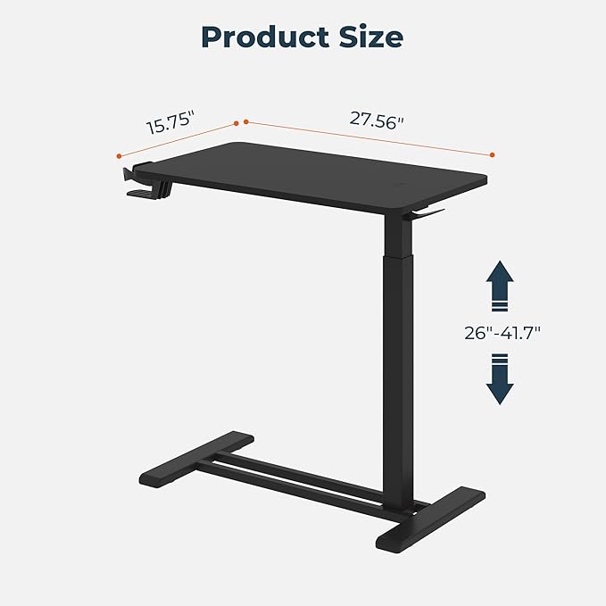 Medical Overbed Adjustable Bedside Table with Hidden Casters, Mobile Pneumatic Rolling Laptop Standing Desk with Tray for Home & Hospital Use, Black Table Top + Black Edging
