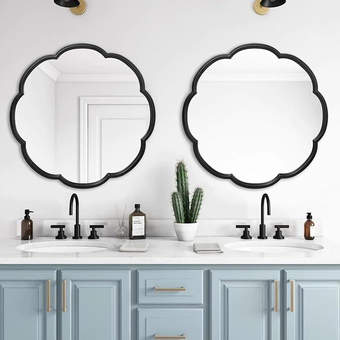24" Black Mirrors for Wall, Flower Pattern Scalloped Decorative Accent Wall Mounted Mirror, Round Metal Frame Hanging Vanity Mirror Decor for Bathroom, Entryway, Bedroom