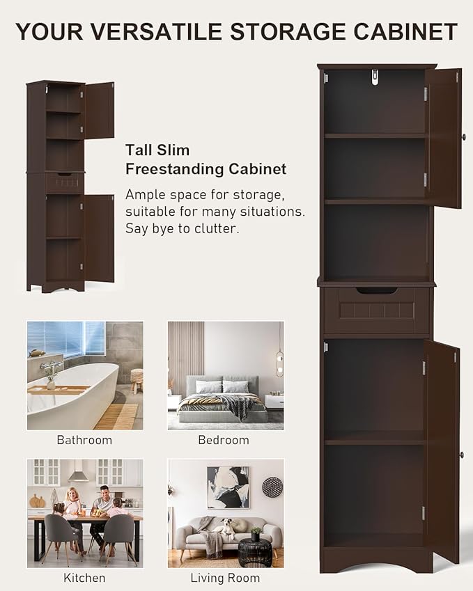 Gizoon 67" H Tall Bathroom Cabinet, Storage Cabinet with 2 Doors & Drawer, Narrow Linen Tower Freestanding Adjustable Shelves for Home, Kitchen, Versatile, Anti-Tipping, Dark Brown
