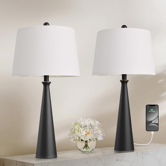 Oneach 25.75" Modern Table Lamp Set of 2, Bedside Lamps with USB Ports, Black Nightstand Lamps Set for Living Room Bedroom House Bedside Home Office Family