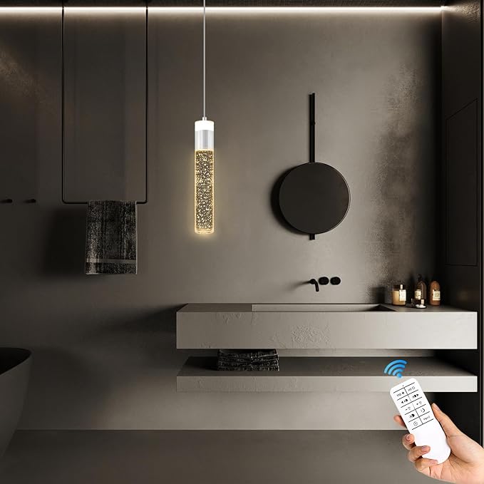 Modern LED Chrome Crystal Pendant Light Kitchen Island, Bedroom Bedside Hanging Ceiling Lamp with Crystal Bubble Column, Dimmable 3000k-6000k 1-Light Independent