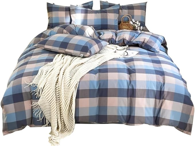 VM VOUGEMARKET 3 Pieces Grid Duvet Cover King Washed Cotton Blue Grey Beige Plaid Checkered Printed Comforter Cover with Zipper Soft Lightweight & Breathable Quilt Cover Set King