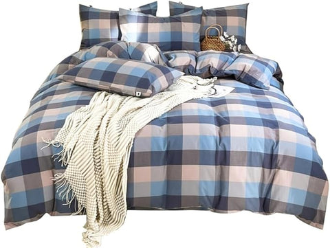 VM VOUGEMARKET 3 Pieces Grid Duvet Cover King Washed Cotton Blue Grey Beige Plaid Checkered Printed Comforter Cover with Zipper Soft Lightweight & Breathable Quilt Cover Set King