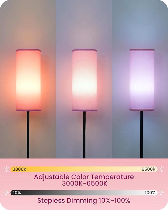 2 Pack Dimmable Pink Floor Lamps for Living Room with 2 Remotes and Foot Switch, Corner Floor Lamp, 66'' Standing Tall Lamp, 10W 900LM Bulb Included, 3000K-6500K, Linen Shade, FCC Listed P06LDP205W1