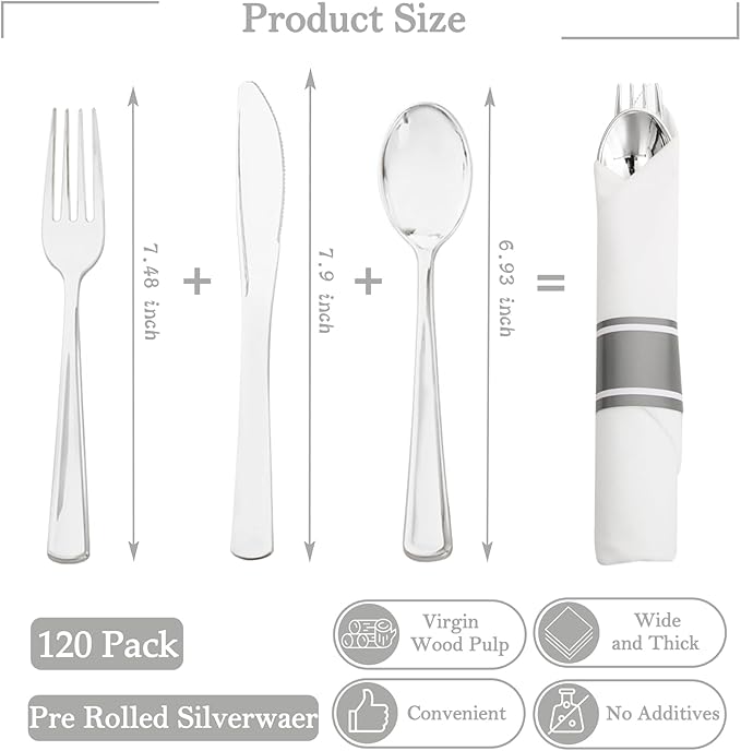Supernal Silver Plastic Silverware,Rolled Plastic Silverware,Pre Rolled Napkins with Plastic Cutlery Set,Wrapped Plastic Cutlery Set with Napkin,Silverware Set Disposable Dinnerware Set 120 Guests