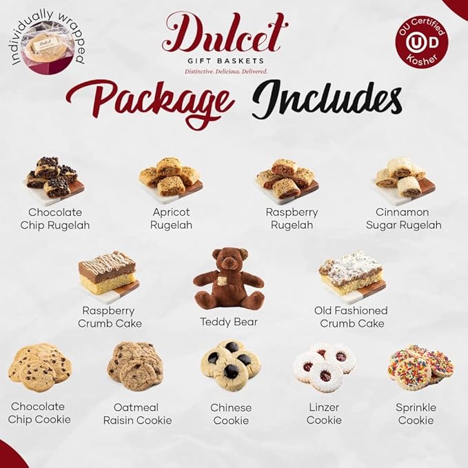 Dulcet Gift Basket - I'm Sorry Gifts For Her - Apology Gift Basket - Teddy Bear with Baked Gourmet Food Snacks - Crumb Cake, Assorted Cookies, and Rugelah - Bake Your Way Back to Her Heart