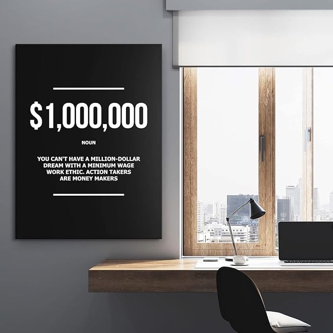 SuccessHunters 1 Million Dollar Definition Wall Art Motivational Office Decor Millionaire Canvas Print, Money Modern Art Print, $1,000,000 Financial Artwork, Money Never Sleeps Canvas (18" x 12" in)