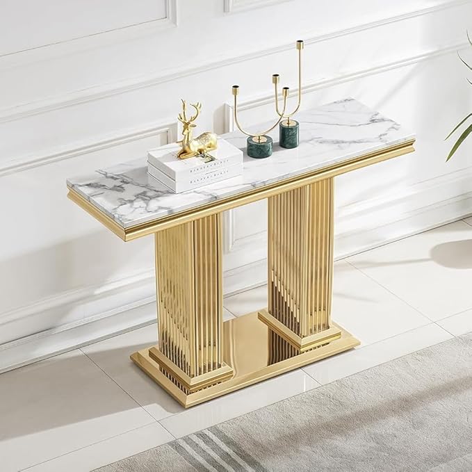 SSLine Modern White Faux Marble Console Table Luxury Entryway Table with Gold Pedestal Base 46.8" Mid-Century Elegant Sofa Table w/Mirrored Stainless Steel Frame for Living Room Hallway