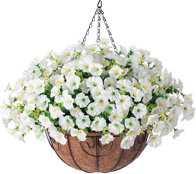 Artificial Fake Hanging Flowers Plants Baskets for Outdoor Decoration, Faux Silk Morning Glory in Planter UV Resistant Realistic for Home Outside Porch Patio Balcony Garden Yard, White