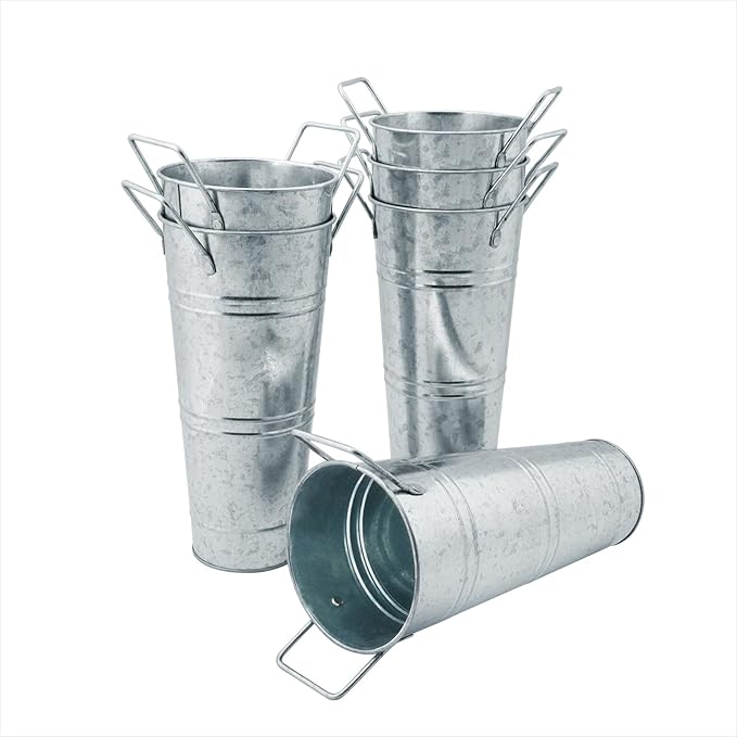 6 PCS 9 Inch Tall Galvanized Flower Bucket with Handles, Metal Vase for Cut Flowers, Country Wedding, Table Centerpiece Decorations,Vintage Style Flower Containers, by GENHAKON.