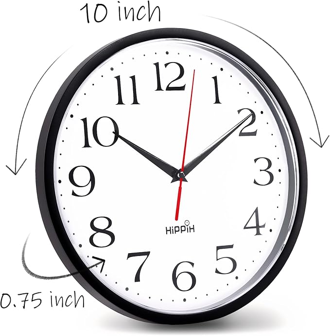 HIPPIH 2 Pack Silent Wall Clock, 10 Inch Non Ticking Quiet Digital Sweep Decorative Battery Operated Wall Clocks for Living Room Bedroom Kitchen School Office Decor, Black