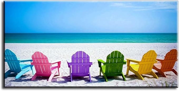 Beach Canvas Wall Art for Living Room, PIY Blue Sea with Colorful Chairs Picture Prints Decor, Relax Leisure Time Home Decorations (1" Thick Frame, Waterproof, Bracket Mounted Ready Hanging)