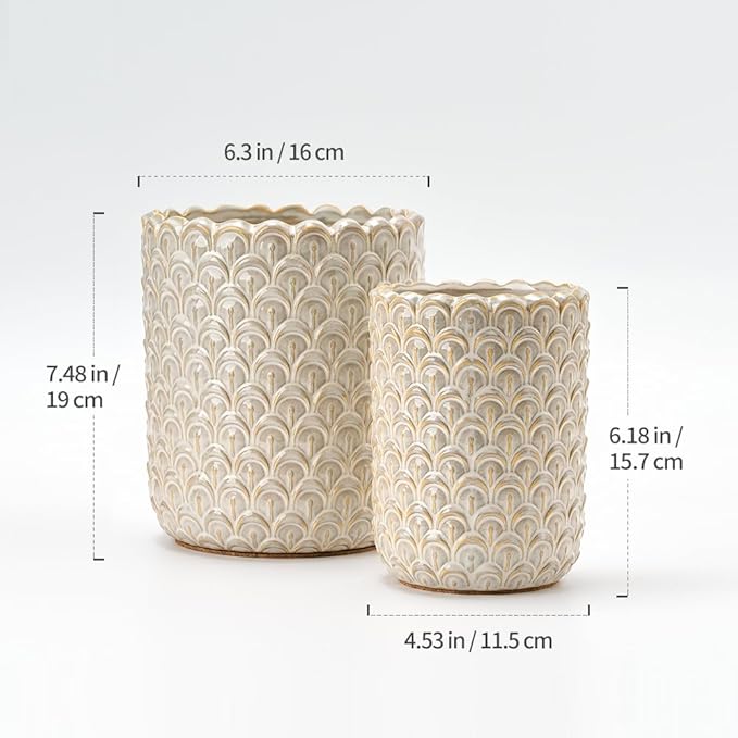 JIEMEI HOME Kitchen Utensil Holder, Large 7.5"+6.2" Petal Ceramic Utensil Crock for Countertop, Utensil Holder with Cork Mat, Morden Utensil Organizer for Spatula, Kitchen Decor, Set of 2, Off-white