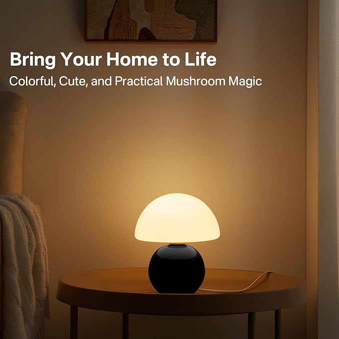 Mushroom Lamp Table Lamp for Bedroom,Desk Bedside Small Lamps for Living Room Night Stands,Mushroom Decor Cute Mini Modern Mid Century Lamps,Unique Aesthetic Home Living Room Decor(Black)