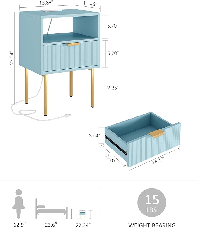 Nightstand,Morden Bedside Table with Gold Frame,Small White Night Stand,End Table,Bedside Furniture,Side Table with Drawer and Shelf for Bedroom,Living Room (1Drawer, Blue-Outlet)
