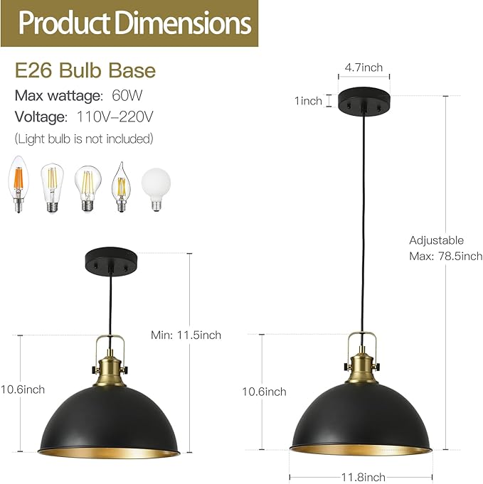 12 Inch Black Farmhouse Pendant Lights for Kitchen Island Industrial Pendant Lighting Adjustable Height Vintage Dome Hanging Light Fixtures for Barn, Dining Room