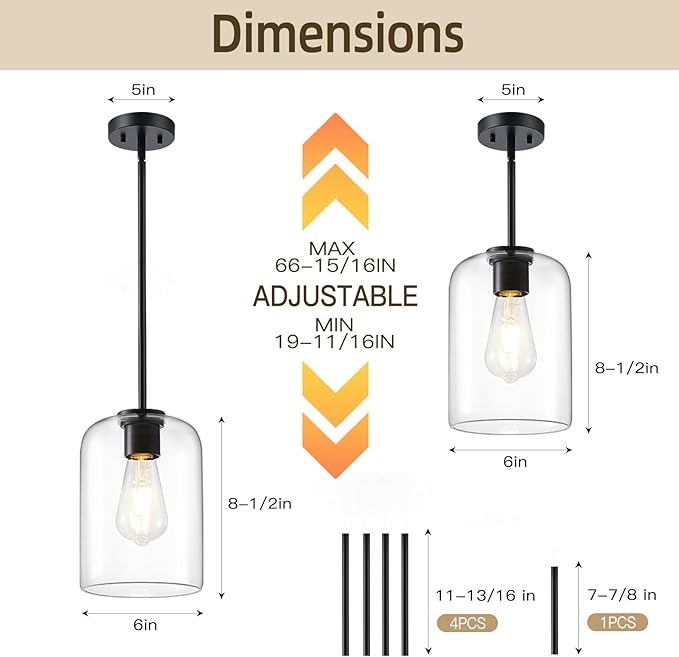 Black Pendant Light Fixtures, 6 Inch Clear Glass Shade Modern Farmhouse Pendant Lights Kitchen Island, Industrial Hanging Light Fixture Adjustable Stem Rod for Over Sink