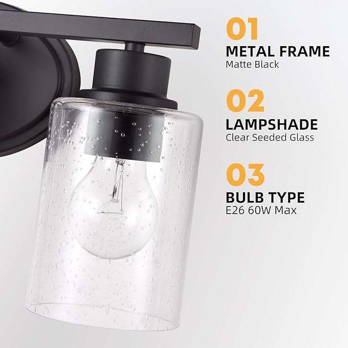 Modern Matte Black Bathroom Vanity Light Fixtures, 4-Light Clear Seeded Glass, Rustproof Wall Mount