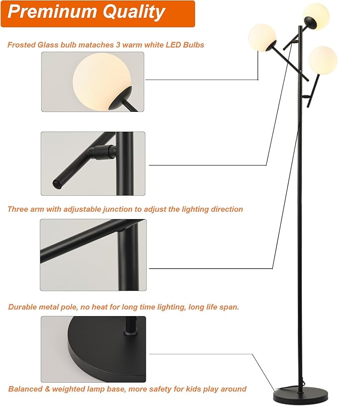 Fiqevs 3 Globe Floor Lamp with 2700K Warm Light & LED Bulbs Included, Mid Century Modern Standing Lamp with Adjustable Lampshade, Arc Sputnik Tree Tall Lamp for Living Room, Bedroom - Matt Black