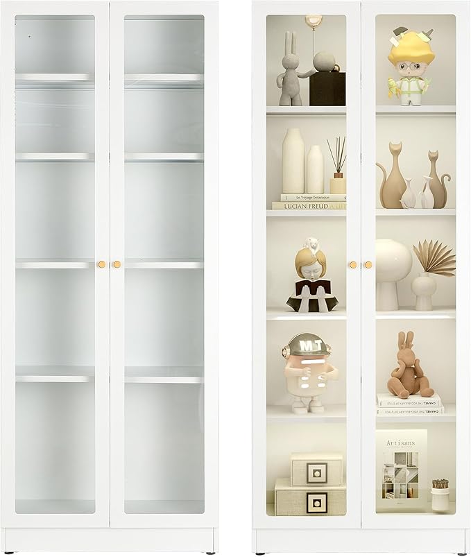 5 Tier Metal Curio Cabinets,Modern Bookcase Cabinet with Acrylic Door and 4 Adjustable Shelves, 70.87 Inch Tall Storage Cabinet Display Case, Dust Proof Display Cabinet for Home Office, Living Room