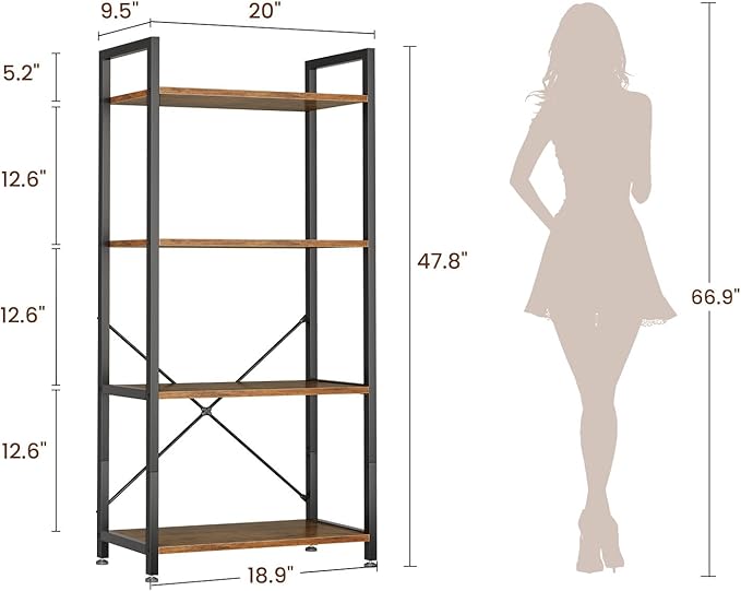 Casaottima Book Shelf, 4 Tier Bookshelf, Modern Wood Bookcase Shelves for Bedroom, Industrial Display Shelf for Living Room Home Office Kitchen, Standing Shelving Unit Storage Organizer, Vintage