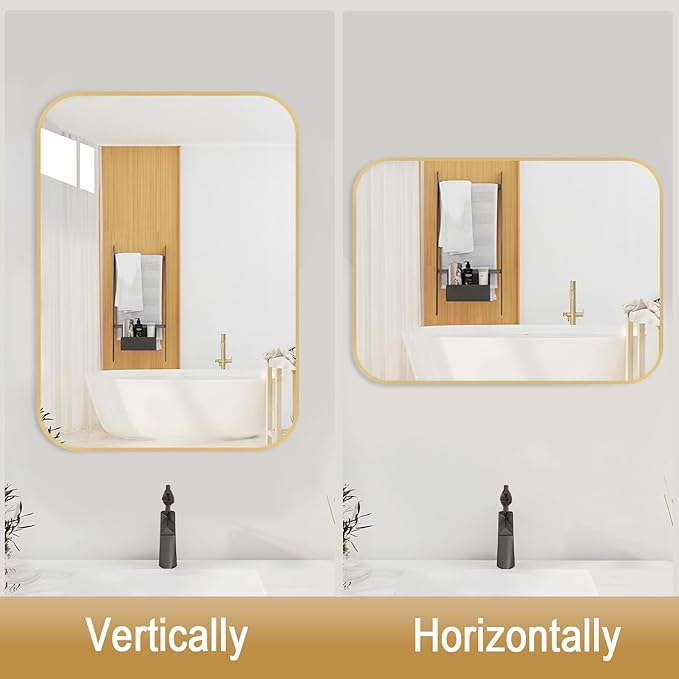24x36 Inch Gold Bathroom Mirror, Brushed Brass Gold Metal Framed Rectangular Mirror with Rounded Corner, Wall Mounted Vanity Mirror for Bedroom or Living Room, Horizontal/Vertical