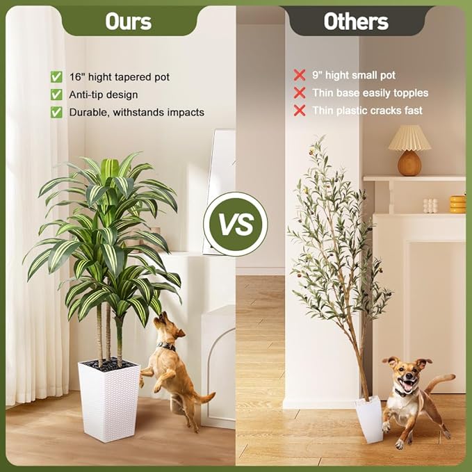 Artificial Dracaena Tree 5FT - UV Resistant Faux Tree with Large Taper Planter & Pebbles - Tall Fake Plants Indoor & Outdoor, Potted Floor Plant for Home Living Room Porch Decor, VN127