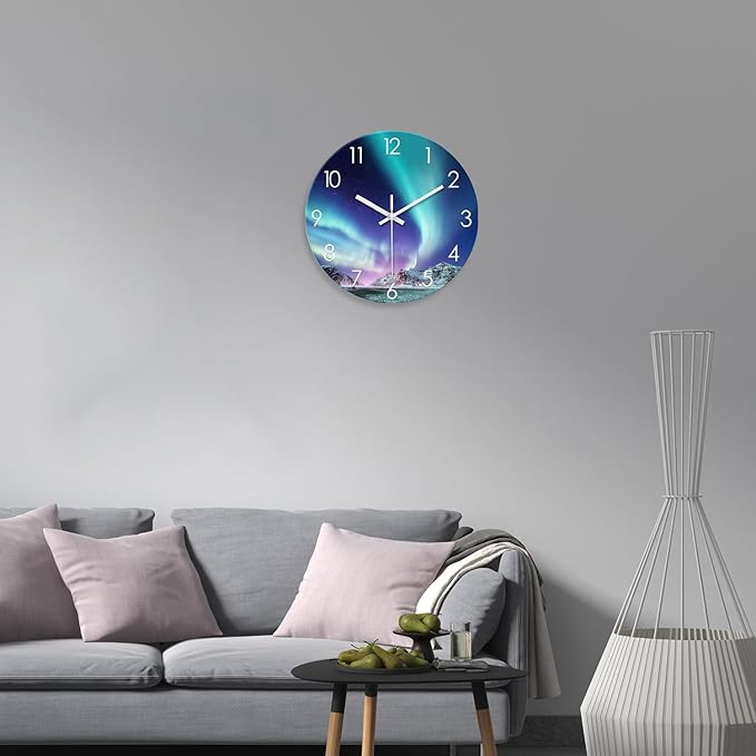 XNM Polar Light Wall Clocks Battery Operated 14 Inch Glass Iceberg Clock Silent Round Turquoise Wall Clock for Kitchen